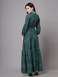 Floral Printed Mandarin Collar Cuffed Sleeves Tiered Maxi Dress