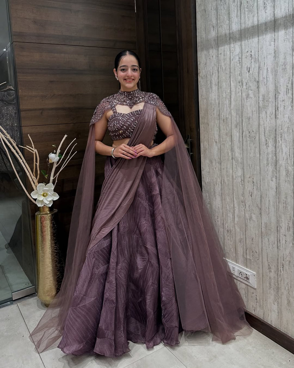Embellished Mauve Designer Crop Top with Layered Lehenga and Cape Dupatta