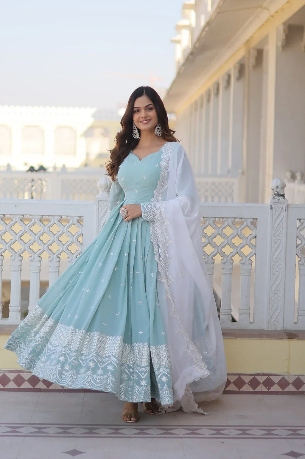 Party Wear Beautiful Sky Blue Color Embroidery Work Gown With Dupatta