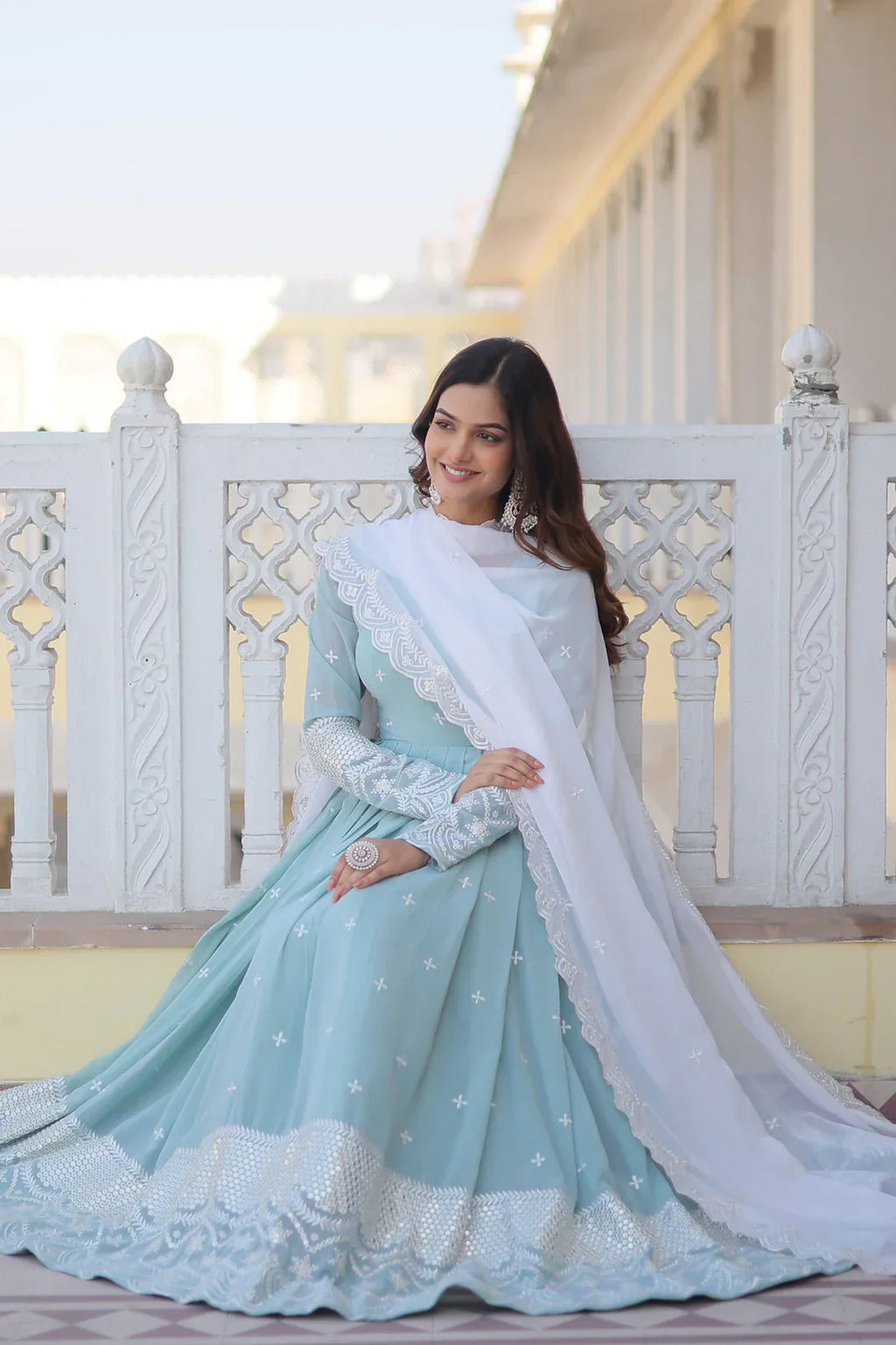 Party Wear Beautiful Sky Blue Color Embroidery Work Gown With Dupatta