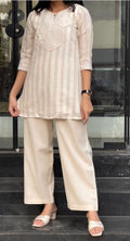 Subtle Elegance Ivory Striped Tunic and Straight-Leg Trousers Co-ord Set