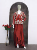 Wine Red Draped Skirt Set with Embroidered Jacket