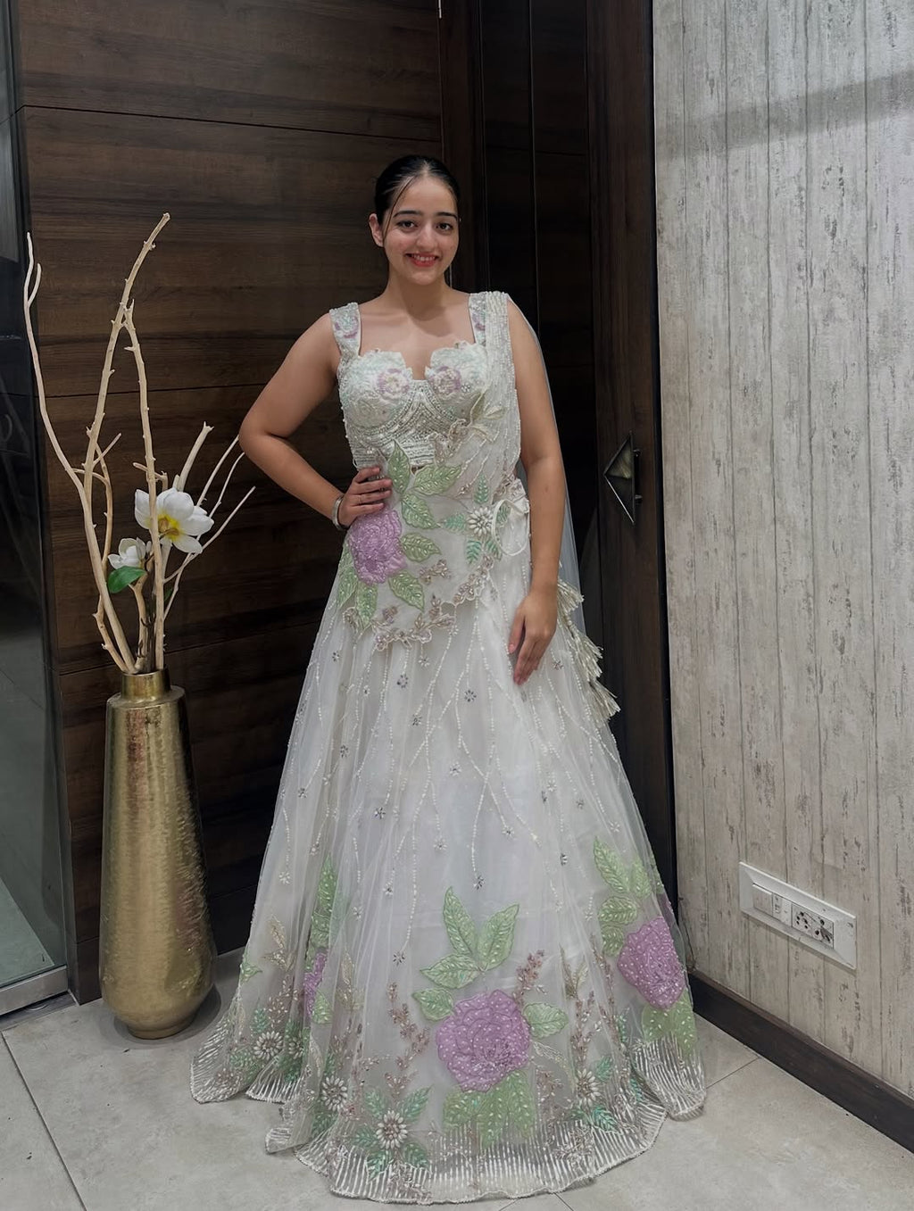 White Embroidered Net Gown with Pastel Floral Work