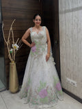 White Embroidered Net Gown with Pastel Floral Work
