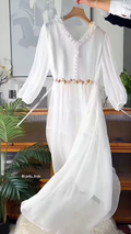 Ethereal White Ruffled Maxi Dress with Floral Embellishments