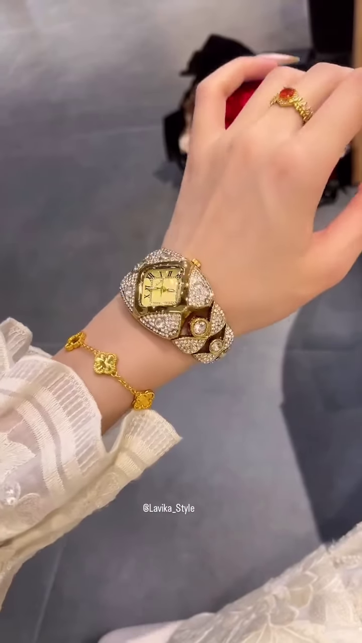Opulent Gold-Toned Statement Watch and Bracelet Set