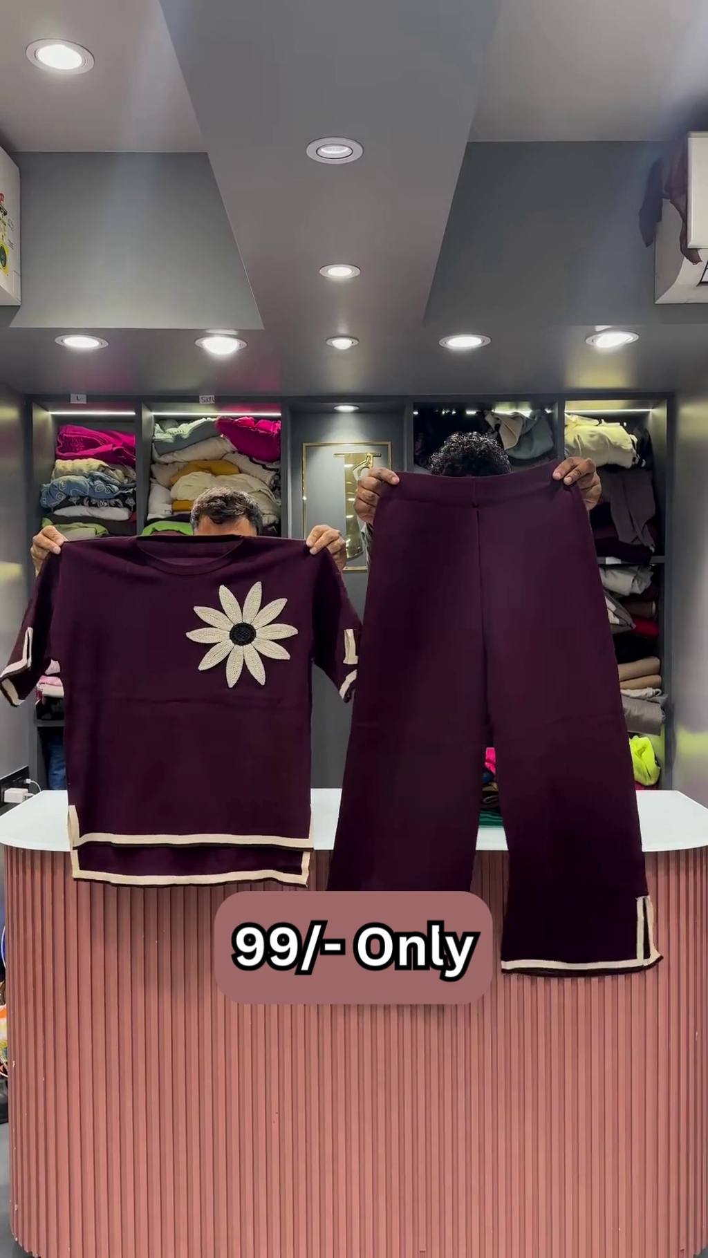 Maroon Two-Piece Sweater Set with Embroidered Daisy