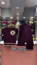 Maroon Two-Piece Sweater Set with Embroidered Daisy