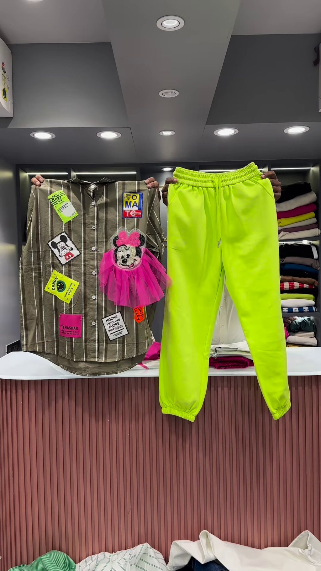 Quirky Striped Shirt with Patches and Neon Pants