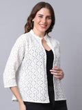 Women White Self-Design Open-Front Cotton Shrug