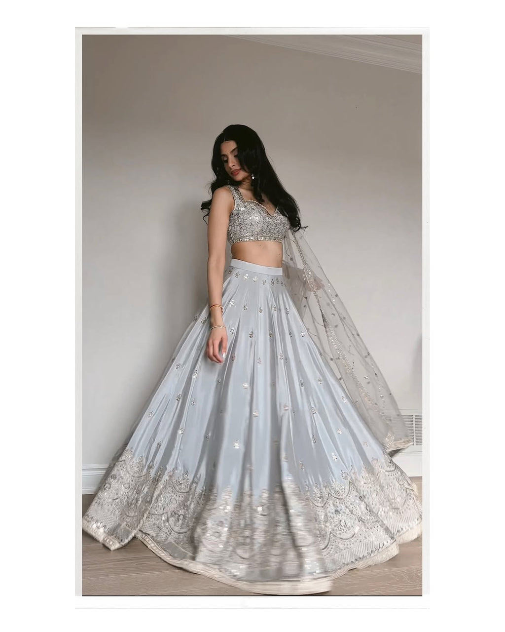 Silver Grey Sequins Embroidered Lehenga Choli with Net Dupatta