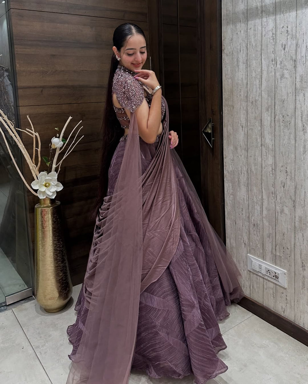 Embellished Mauve Designer Crop Top with Layered Lehenga and Cape Dupatta