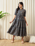 Navy Blue Ethnic Printed Tiered Fit and Flare Midi Dress