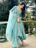 Wedding Wear Sky Blue Color Vichitra Silk Designer Anarkali Gown