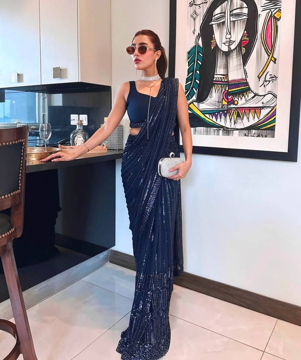 Celebrity Wear Navy Blue Color Embroidered Designer Saree