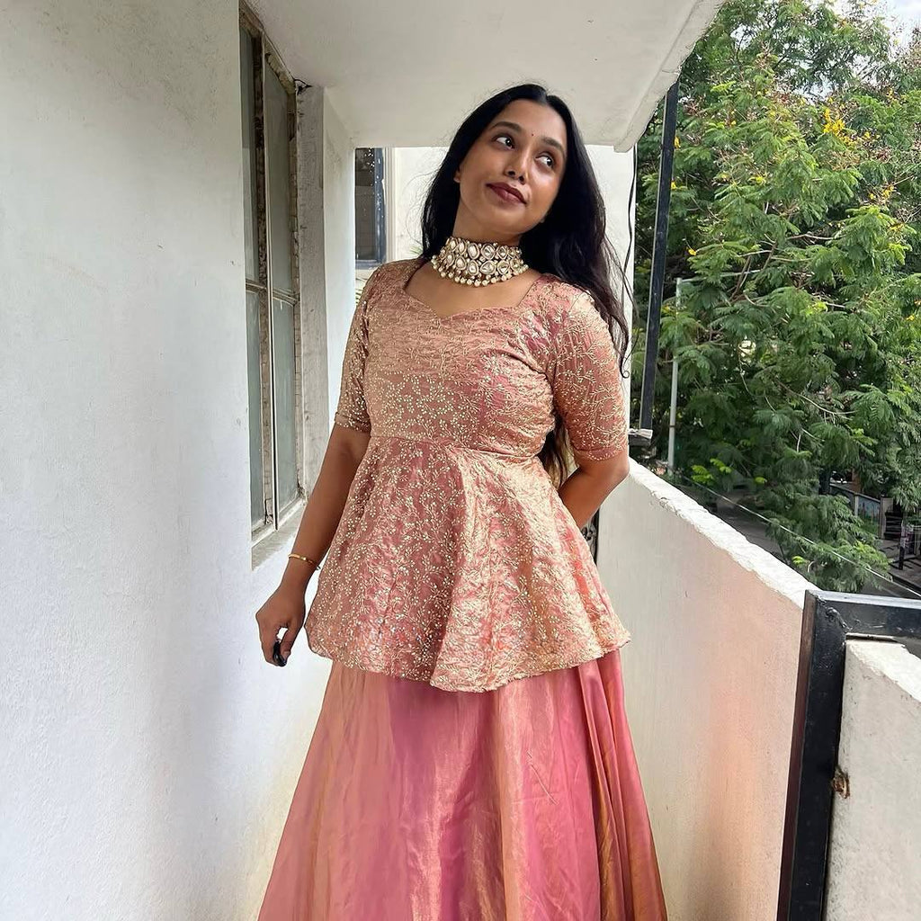 Peach Color Silk Party Wear Top And Lehenga Set