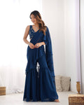 Function Wear Teal Blue Color Pure Fox Georgette Fabric,Fancy Work Ready To Wear Saree