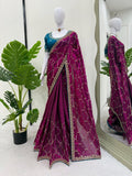Ceremony Wear Wine Color Jimmy Chu Thread And Sequin Embroidery Work Beautiful Saree