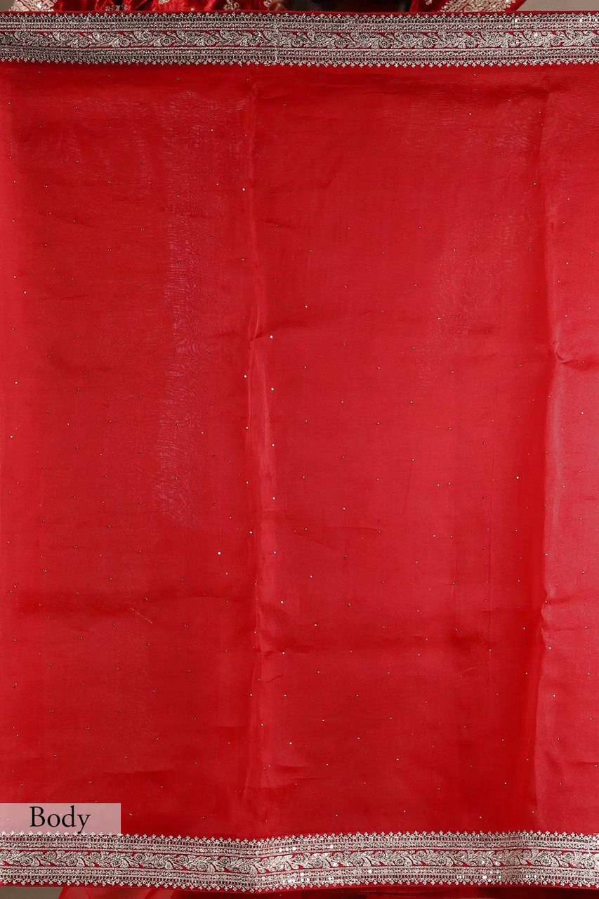 Ceremony Wear Red Color Rich Heavy Organza Silk Thread And Sequin Embroidery Work Designer Saree