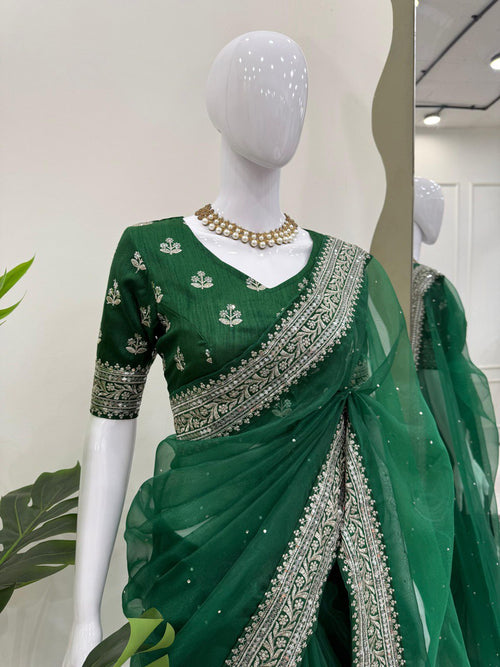 Ceremony Wear Green Color Rich Heavy Organza Silk Thread And Sequin Embroidery Work Designer Saree