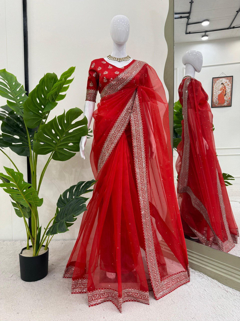 Ceremony Wear Red Color Rich Heavy Organza Silk Thread And Sequin Embroidery Work Designer Saree