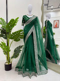 Ceremony Wear Green Color Rich Heavy Organza Silk Thread And Sequin Embroidery Work Designer Saree