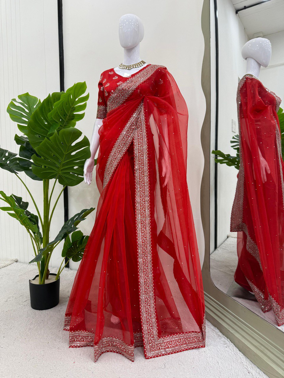 Ceremony Wear Red Color Rich Heavy Organza Silk Thread And Sequin Embroidery Work Designer Saree
