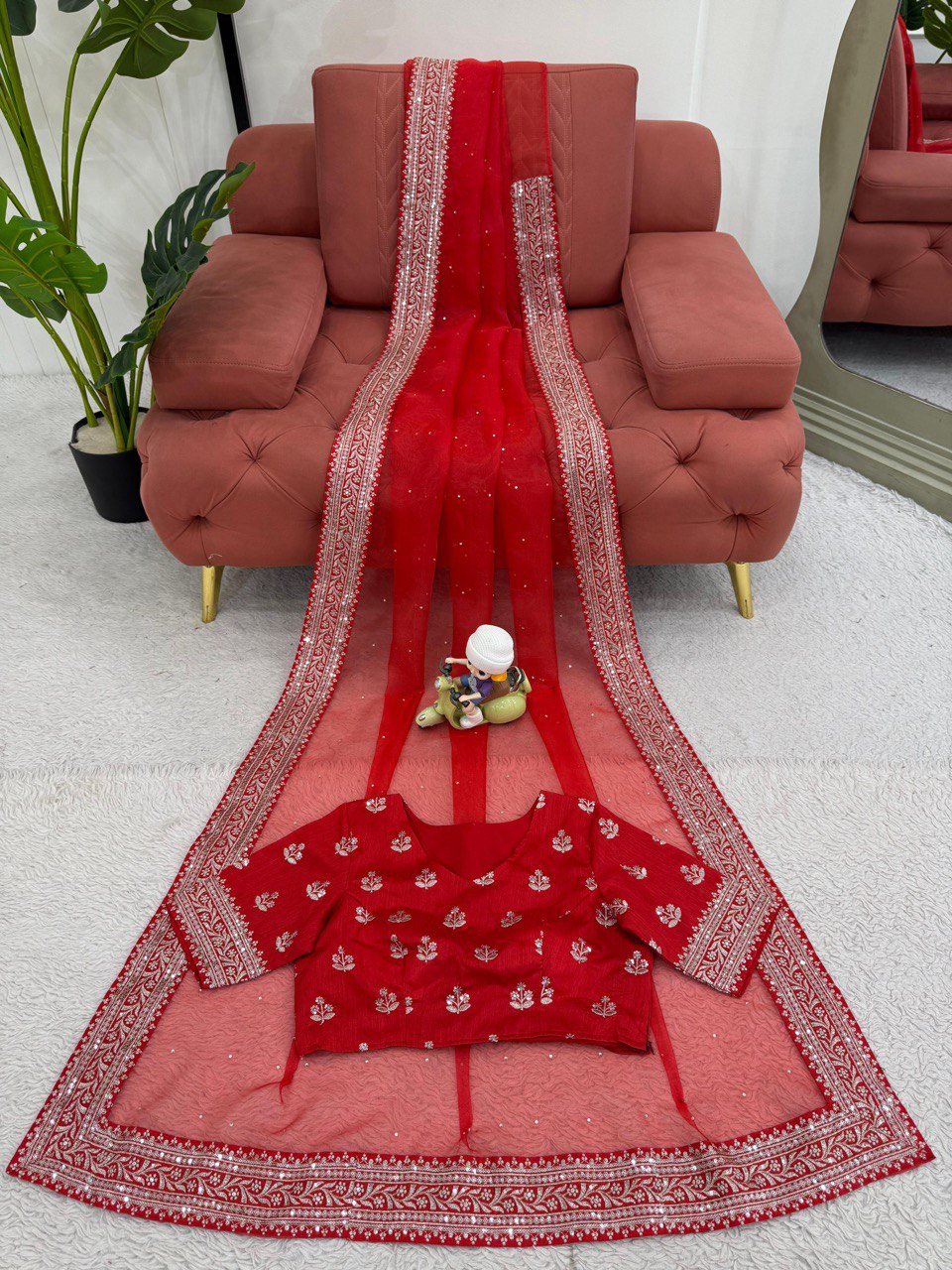 Ceremony Wear Red Color Rich Heavy Organza Silk Thread And Sequin Embroidery Work Designer Saree