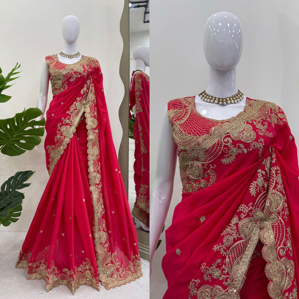 Fnction Wear Red Color Vichitra Silk Coding And Sequin Embroidery Work Saree
