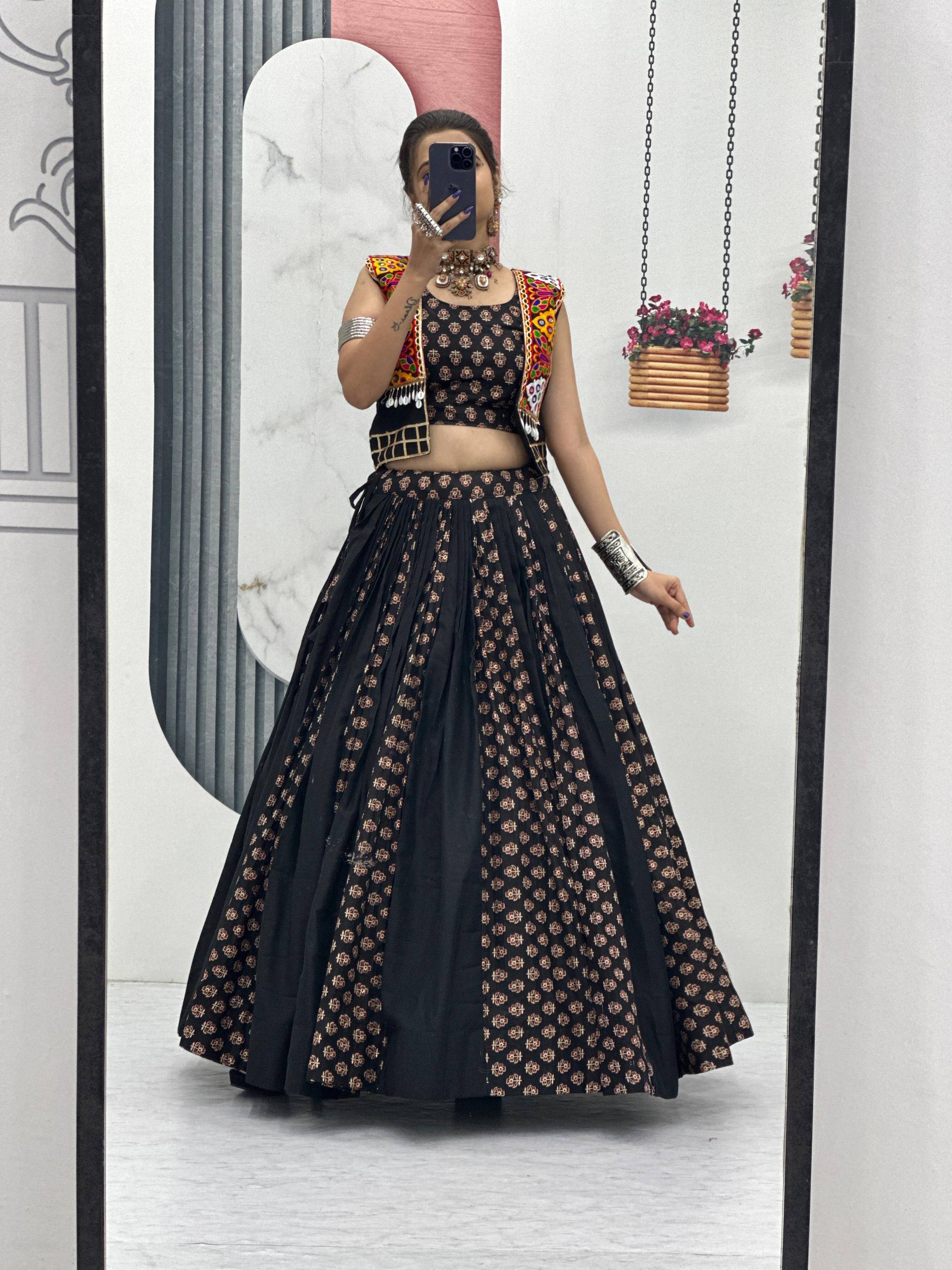 Navratri Special Black Color Cotton Lehenga Choli with Jacket | 6 Meter Flair | Festive Garba Outfit