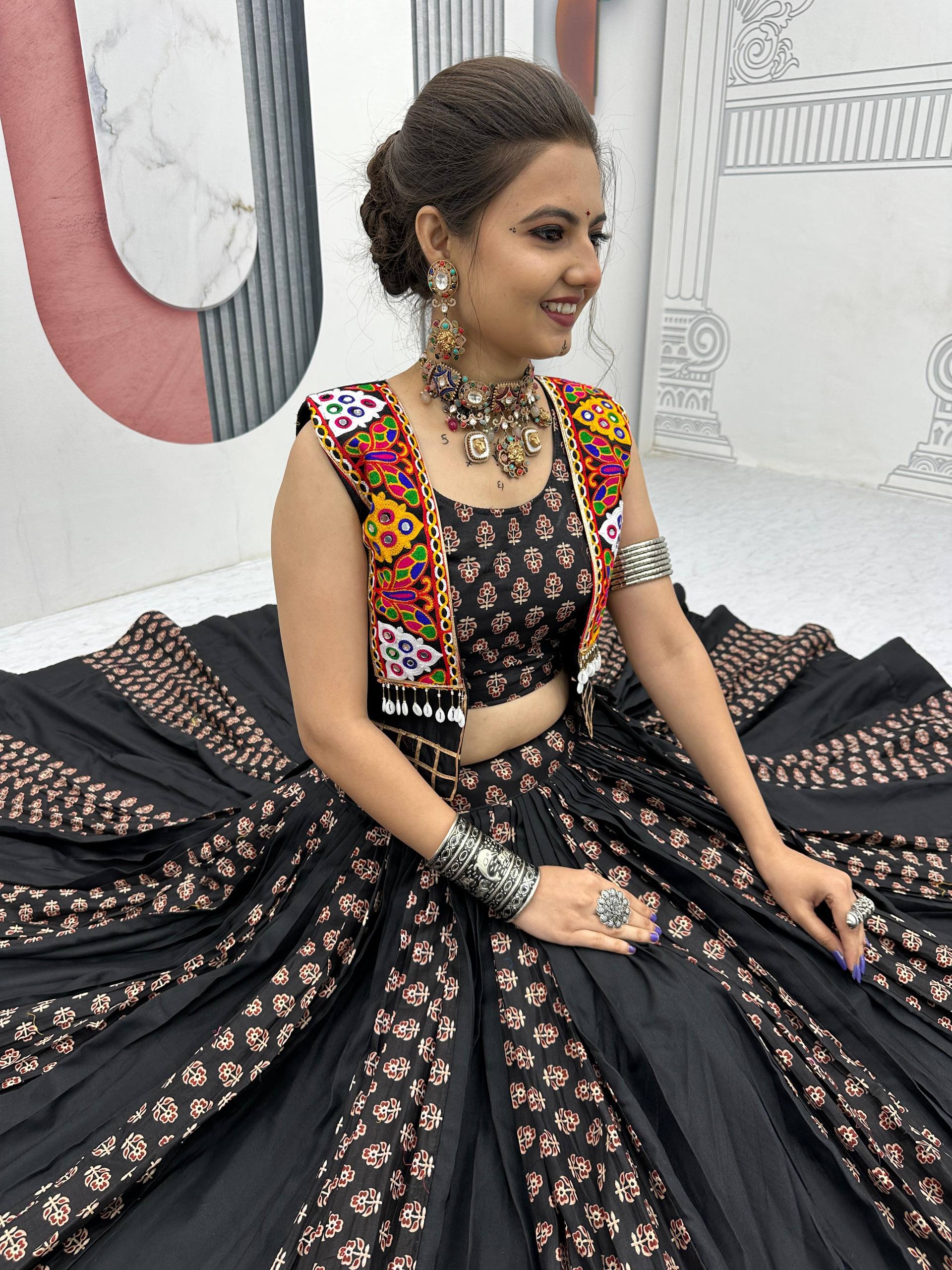 Navratri Special Black Color Cotton Lehenga Choli with Jacket | 6 Meter Flair | Festive Garba Outfit