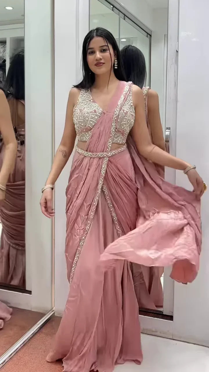 Rose Pink Embellished Crop Top with Draped Skirt