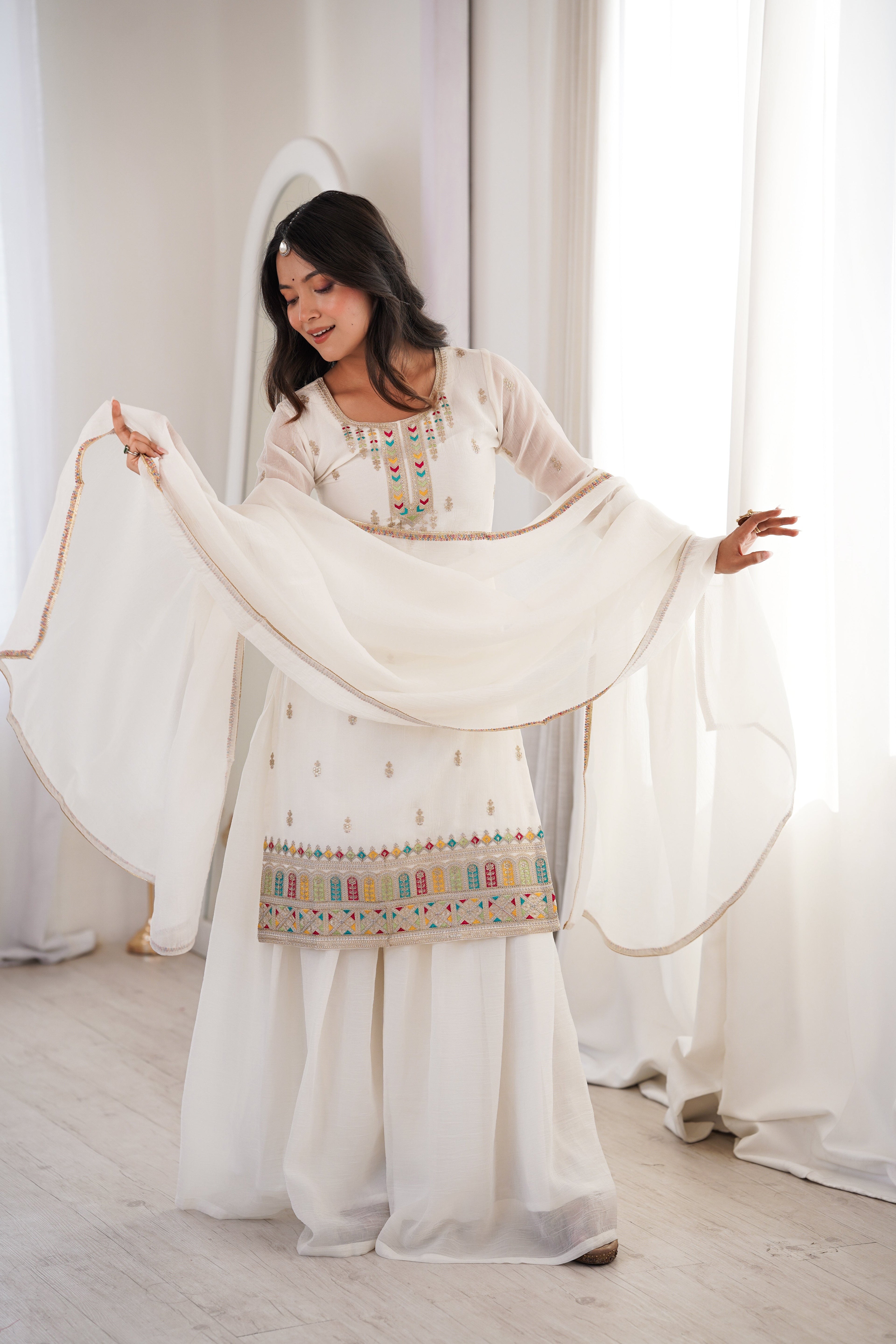 Pure White Crunchy Silk Heavily Embroidered Sharara Suit Set