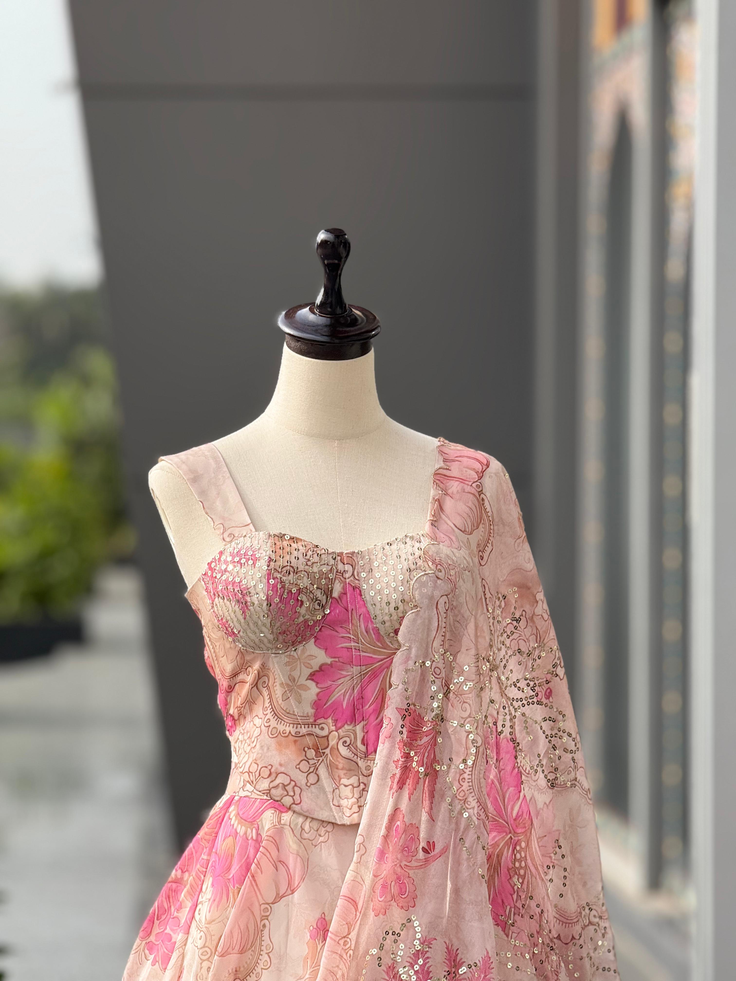 Peach Color Premium Organza Designer Corset Lehenga Choli For Women