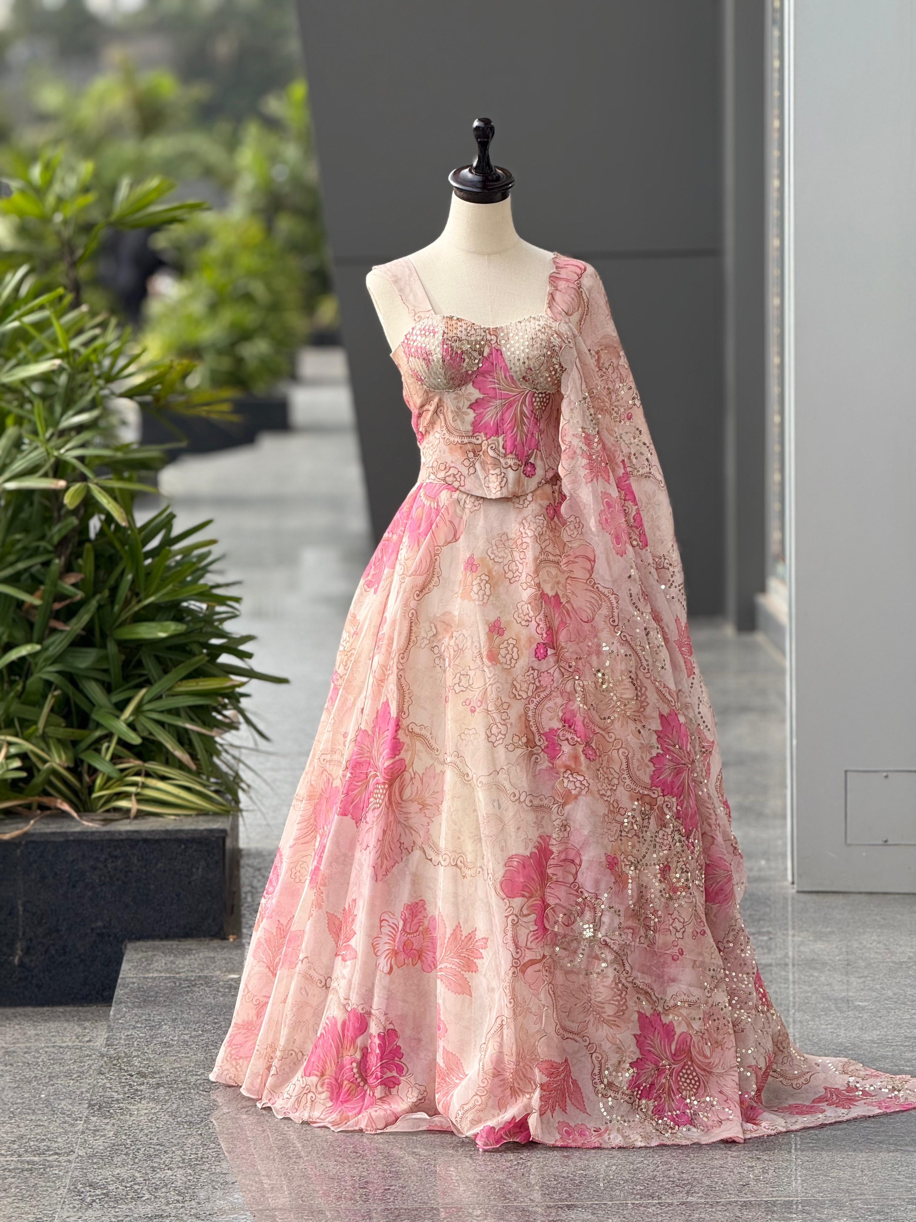 Peach Color Premium Organza Designer Corset Lehenga Choli For Women