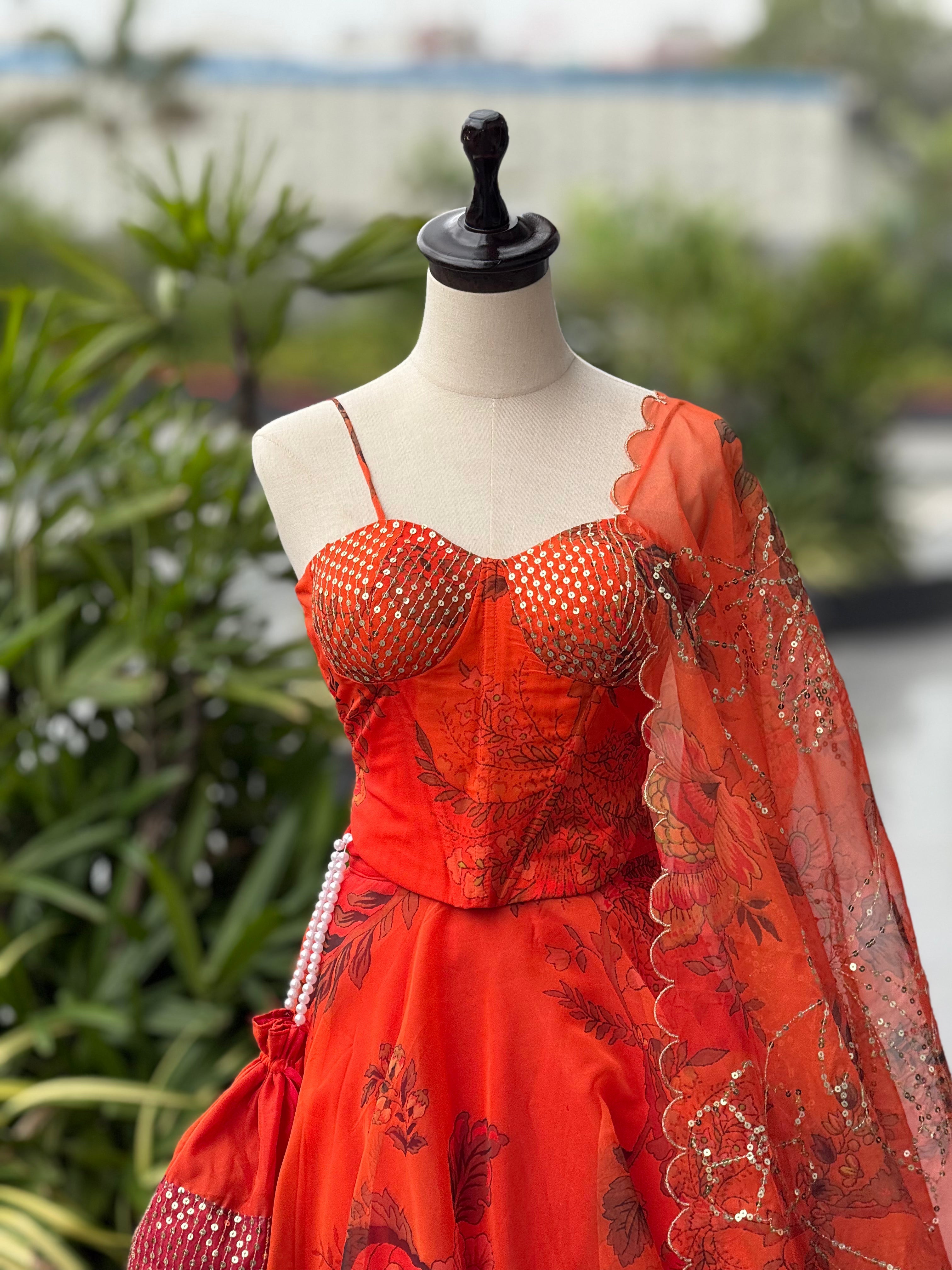 Orange Color Premium Organza Designer Corset Lehenga Choli For Women