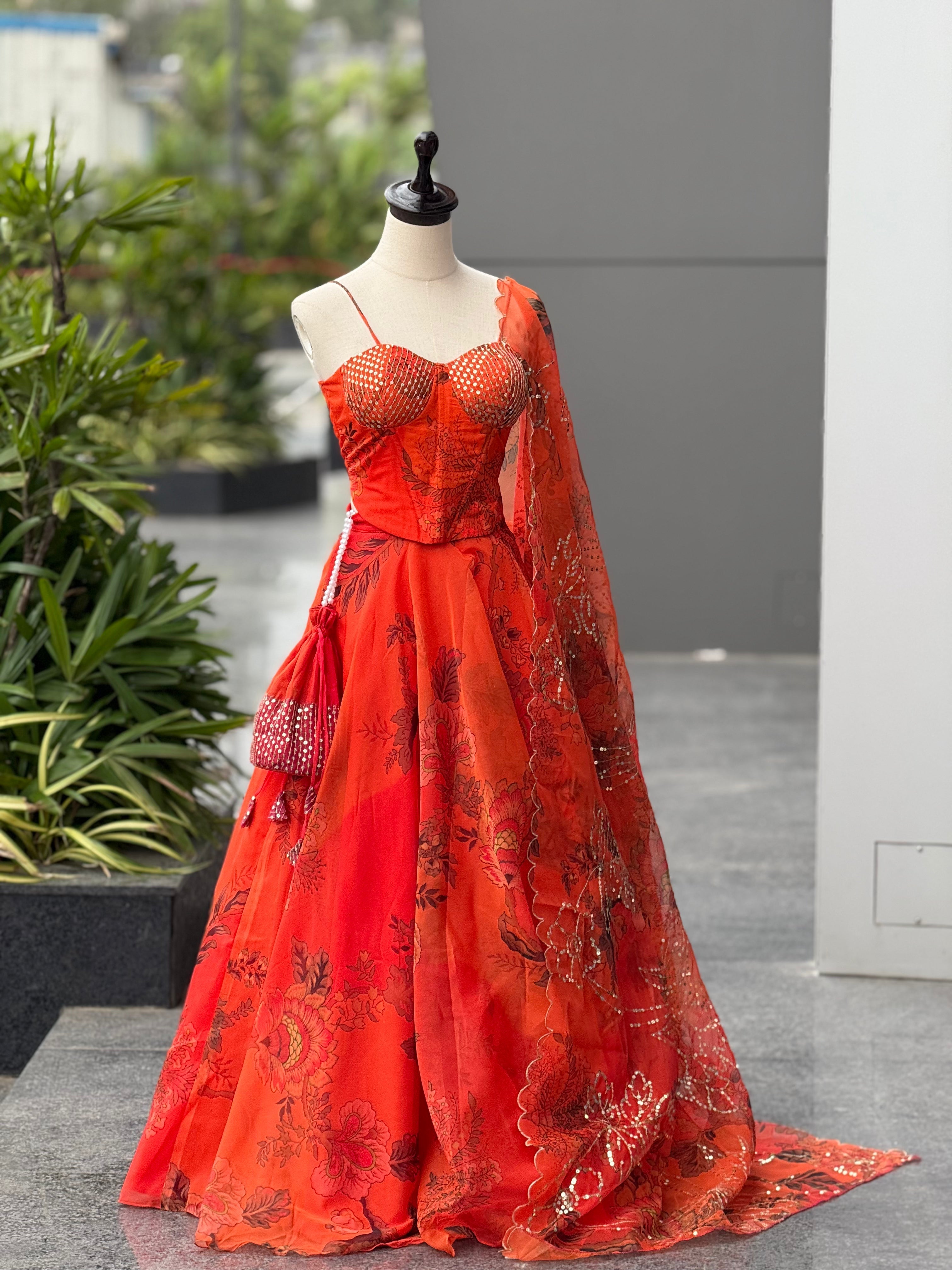 Orange Color Premium Organza Designer Corset Lehenga Choli For Women