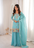 Turquoise Embroidered Kurta Set with Palazzo and Dupatta