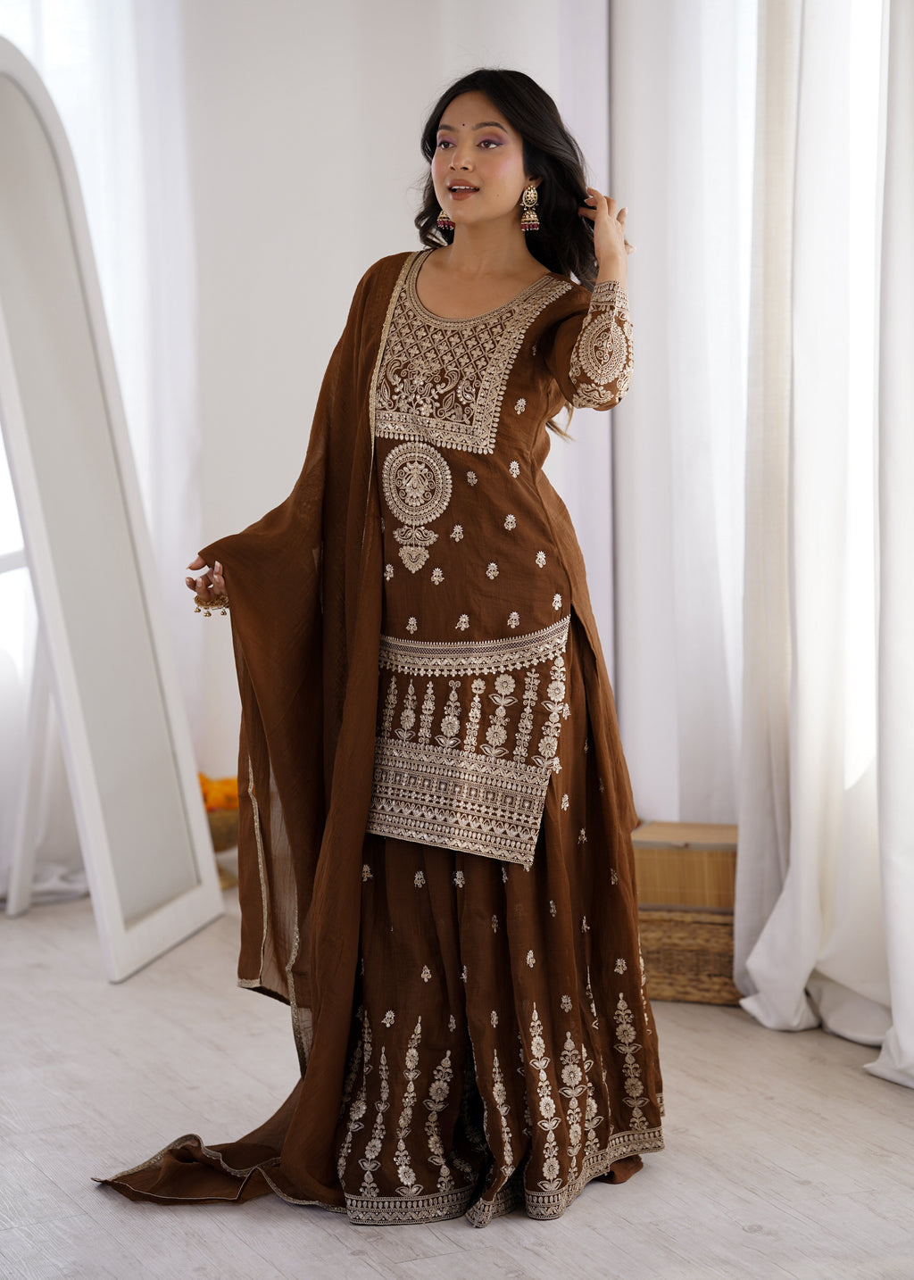 Delicate Brown Embroidered Crunchy Silk Sharara Suit