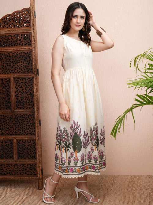 Cream Floral Print Fit and Flare Midi Dress