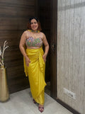 Floral Embroidered Crop Top & Yellow Draped Dhoti Skirt Set