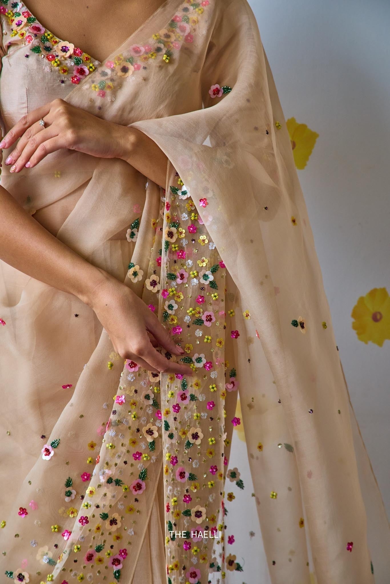 Lily Beige Floral Sequin Organza Saree