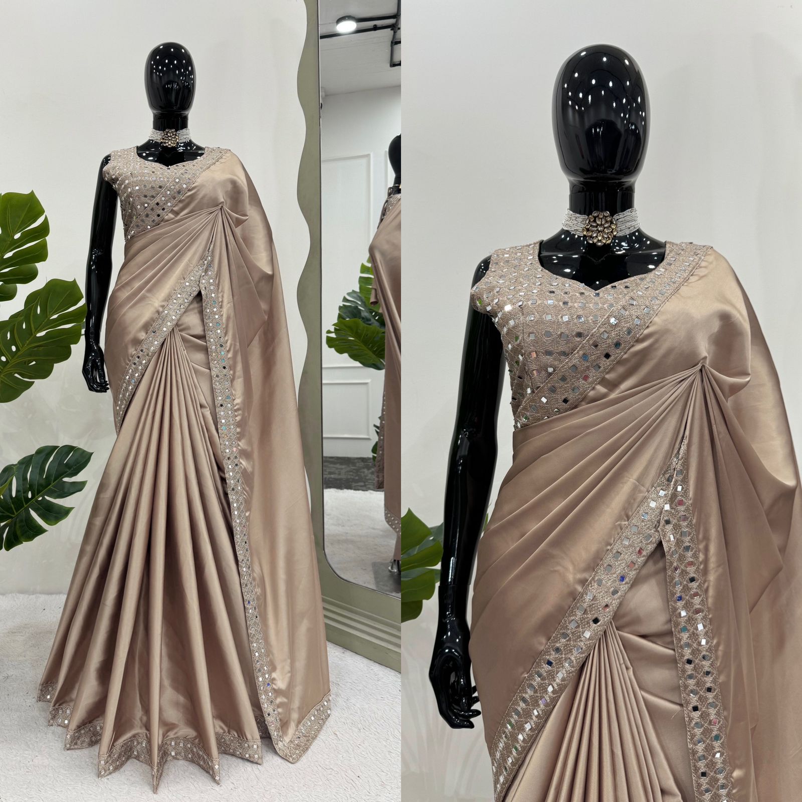 Party Wear Beige Color Japan Satin Silk Thread With Real Mirror Work Designer Saree