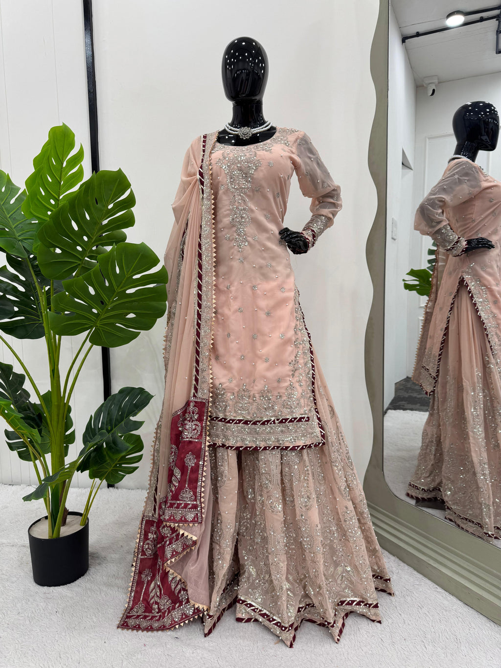 Latest Designer Vihana Pink Embroidered Kurti Sharara Set