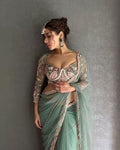Wedding Wear Sky Color  Butterfly Net  Embroidery Work With Pearl Moti Work Designer Saree With Fancy Blouse