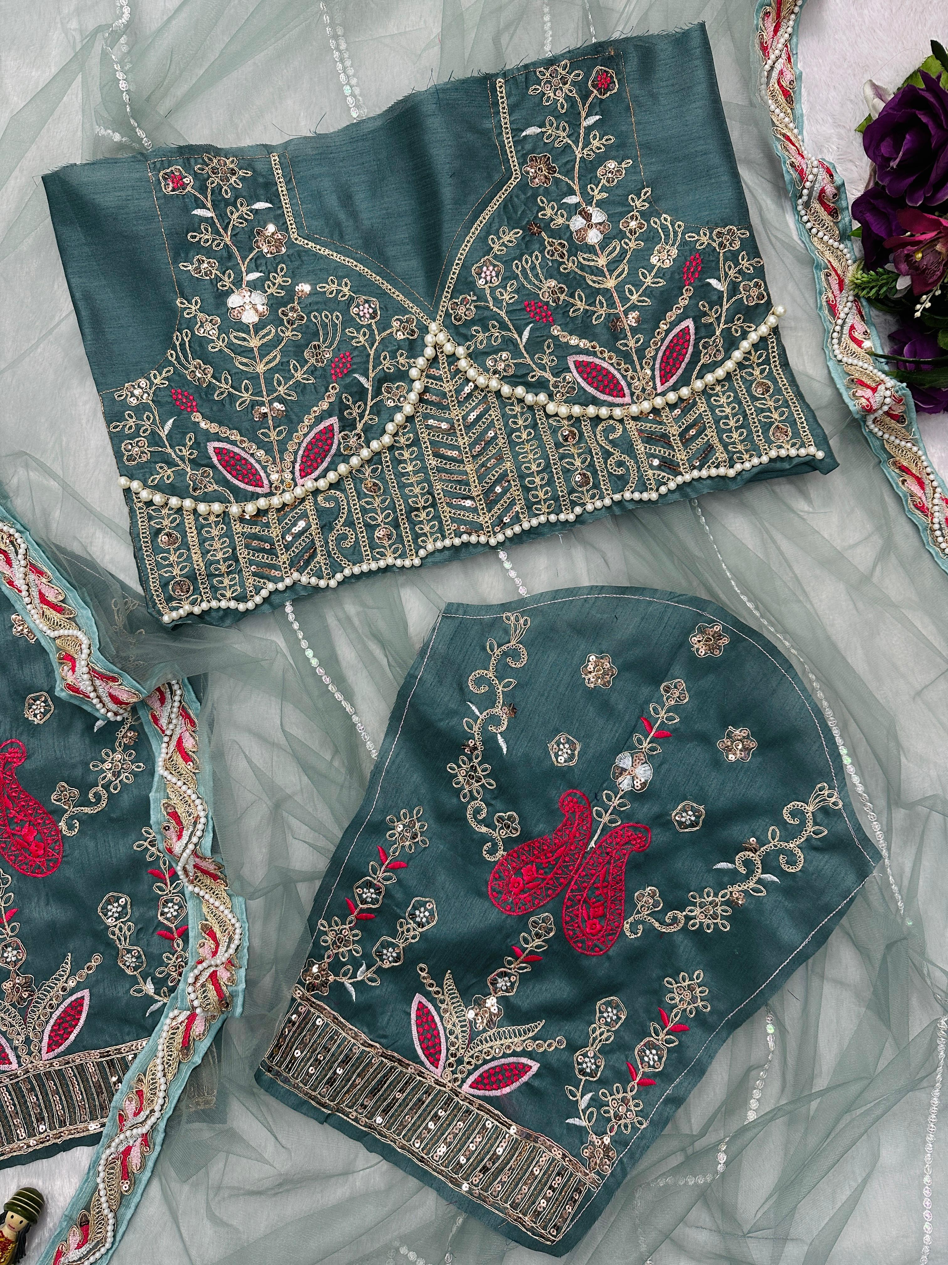 Wedding Wear Sky Color  Butterfly Net  Embroidery Work With Pearl Moti Work Designer Saree With Fancy Blouse