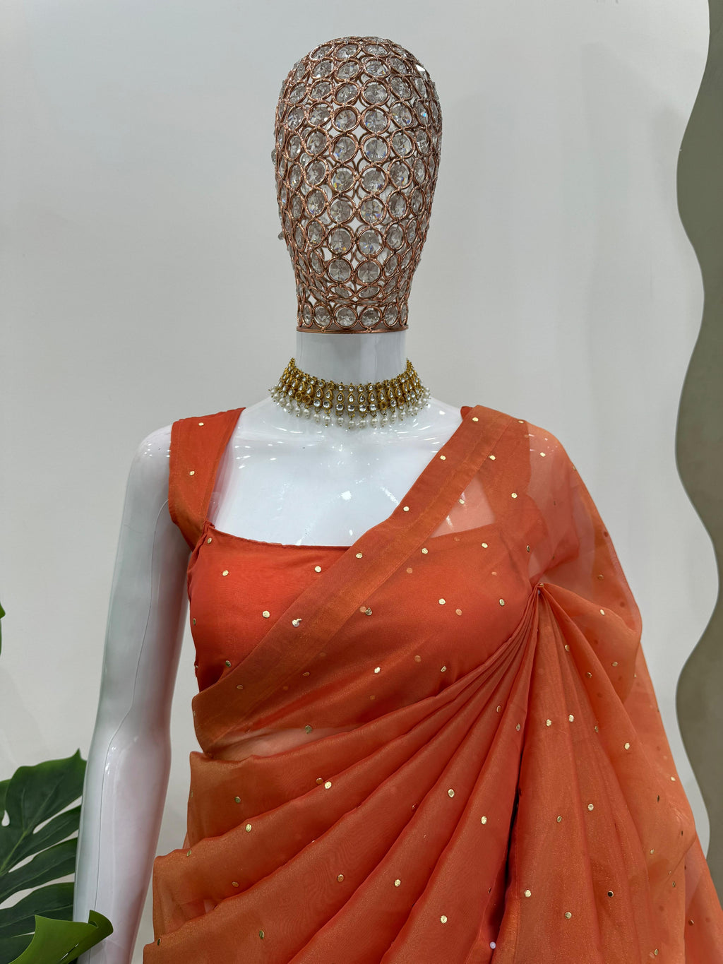 Engagement Wear Orange Color Tissue Silk Mukesh Work With Heavy Fancy Lace Designer Organza Saree