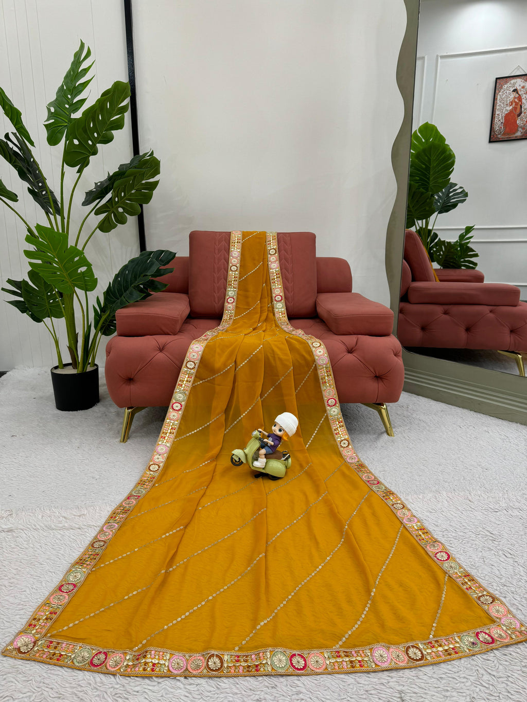 Haldi Wear Mustard Color Faux Georgette And Coding With Sequence Work Beautiful Saree