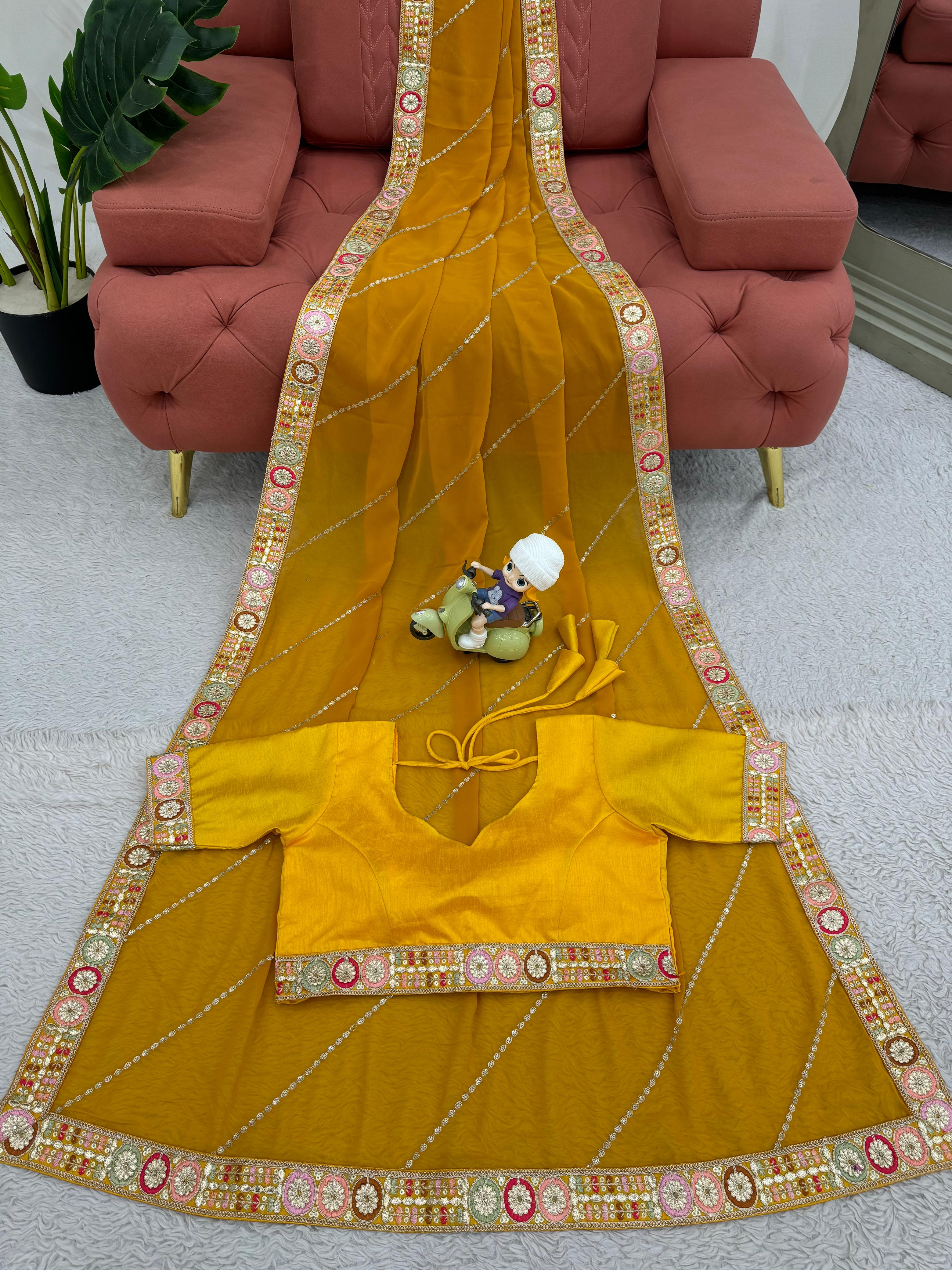 Haldi Wear Mustard Color Faux Georgette And Coding With Sequence Work Beautiful Saree