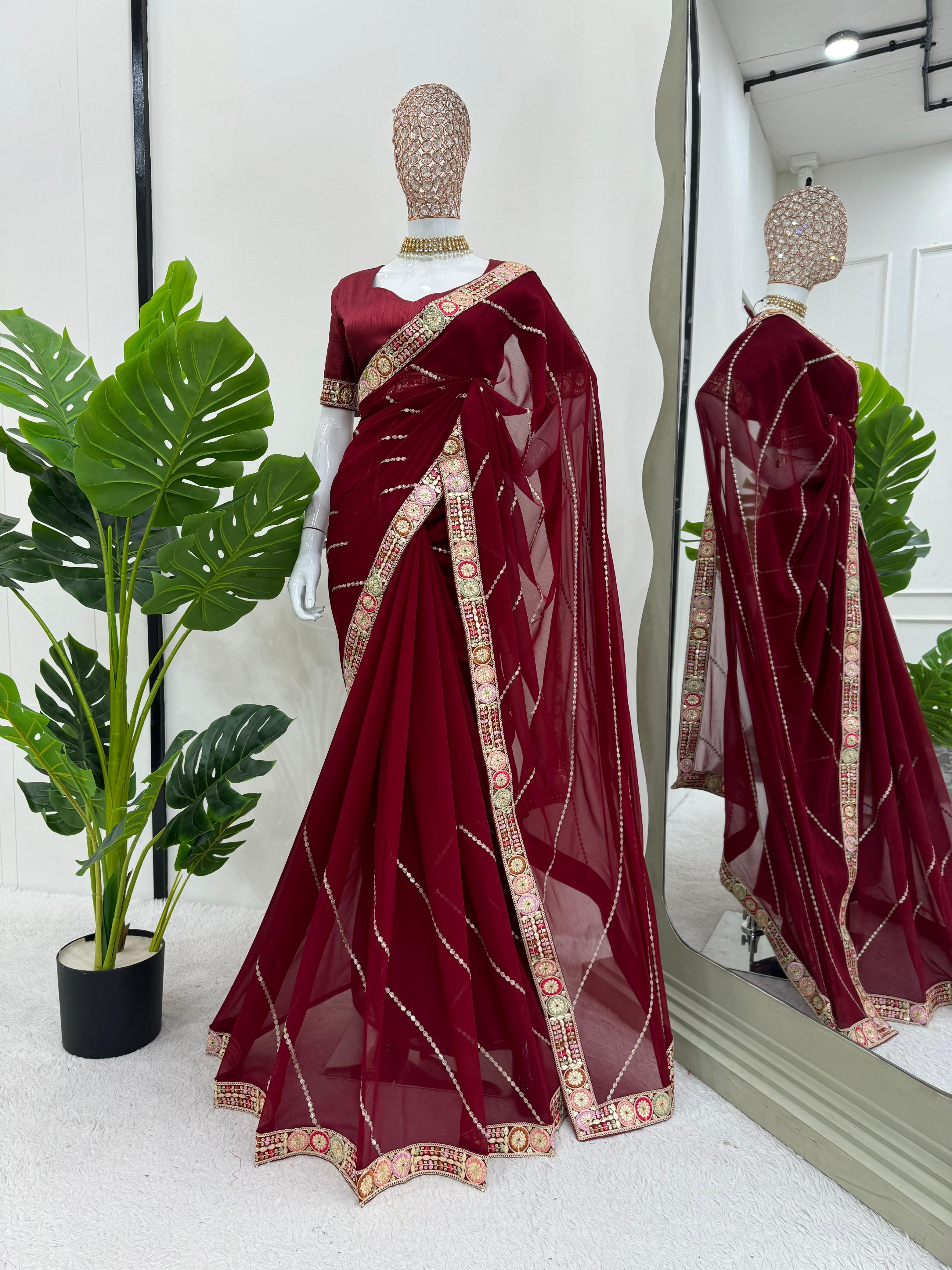 Glorious Maroon Color Faux Georgette And Coding With Sequence Work Beautiful Saree